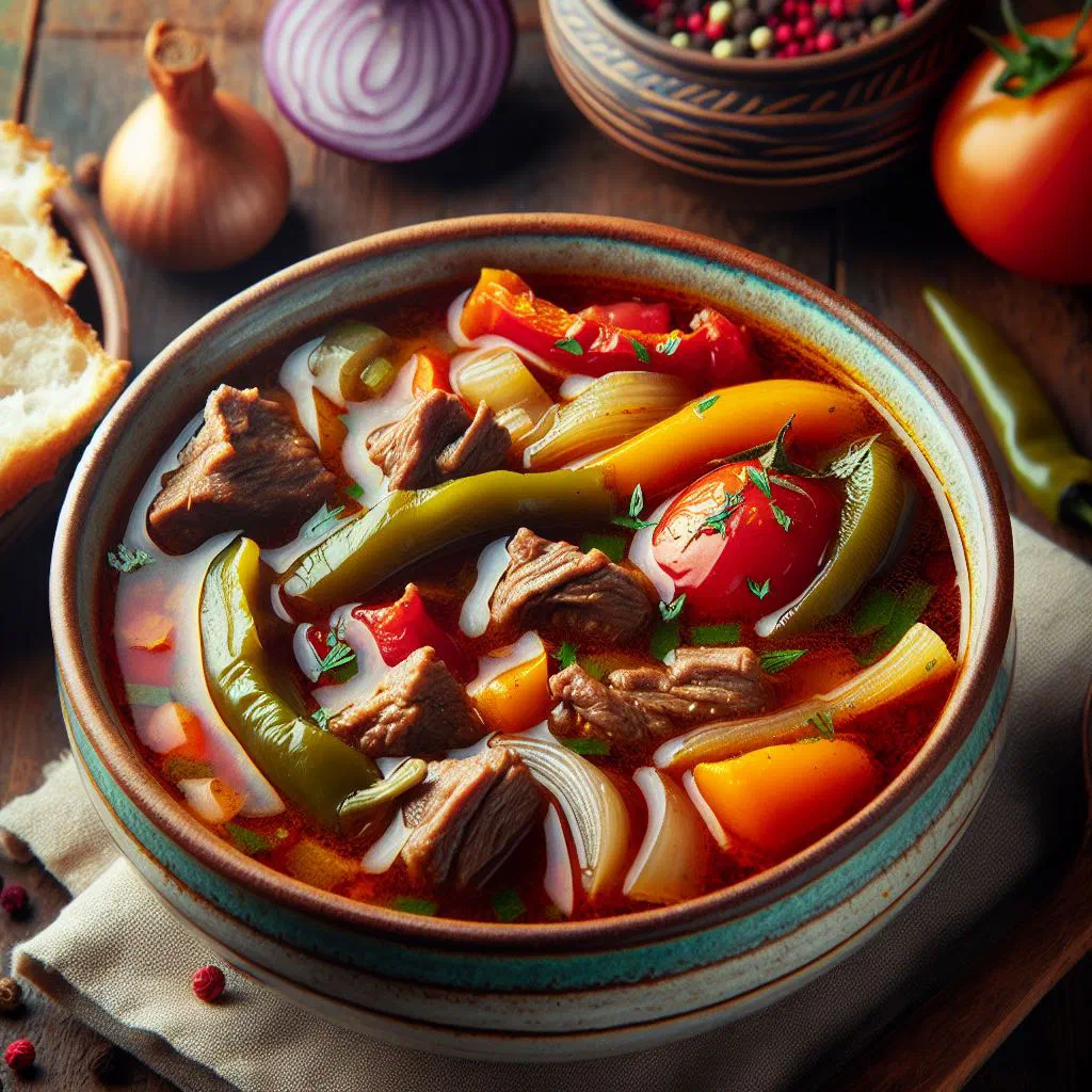 Bowl of Etli Chorba meat soup with lamb, carrots and potatoes, garnished with fresh herbs