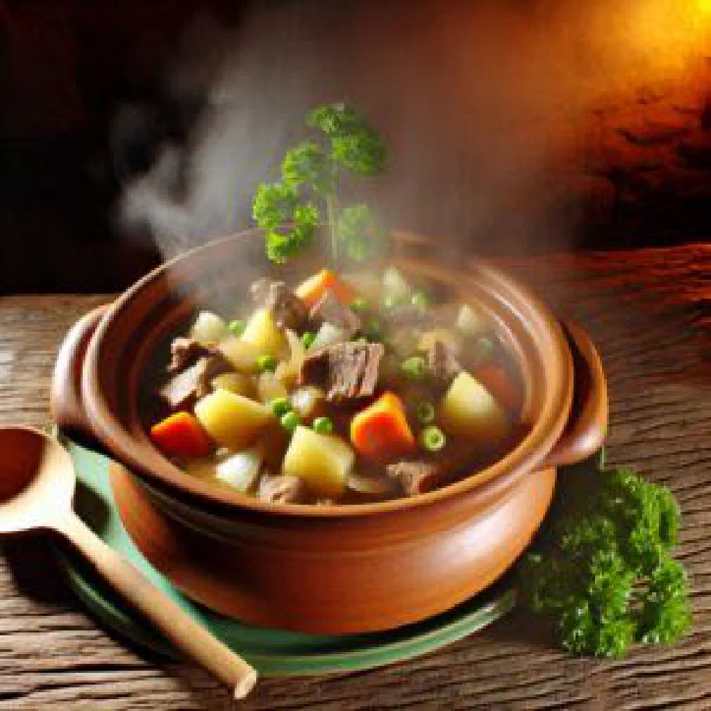 Gurt Ygyldyz with tender meat, peppers and tomatoes garnished with fresh herbs