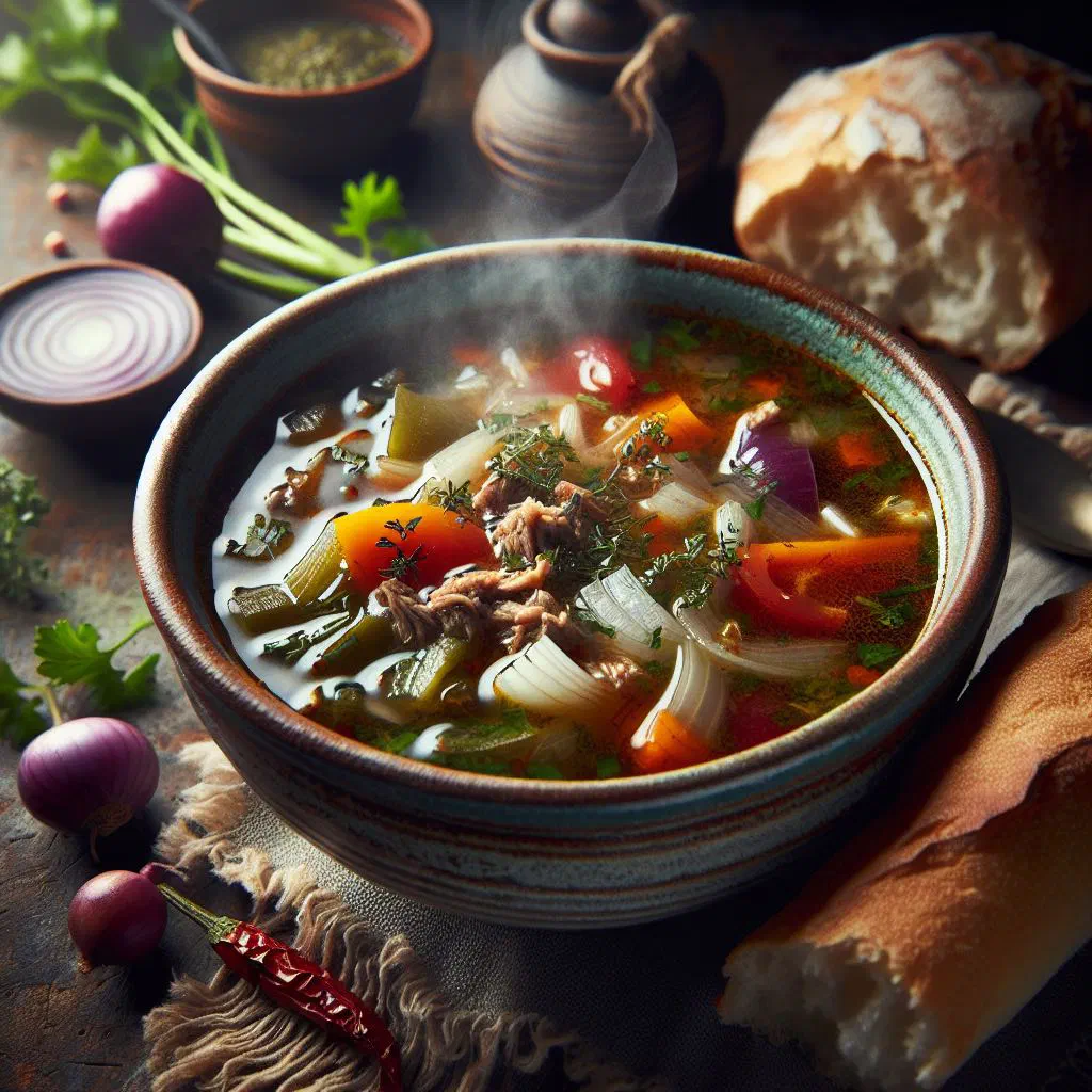 A steaming bowl of Kakly Çorba with meat, carrots and potatoes