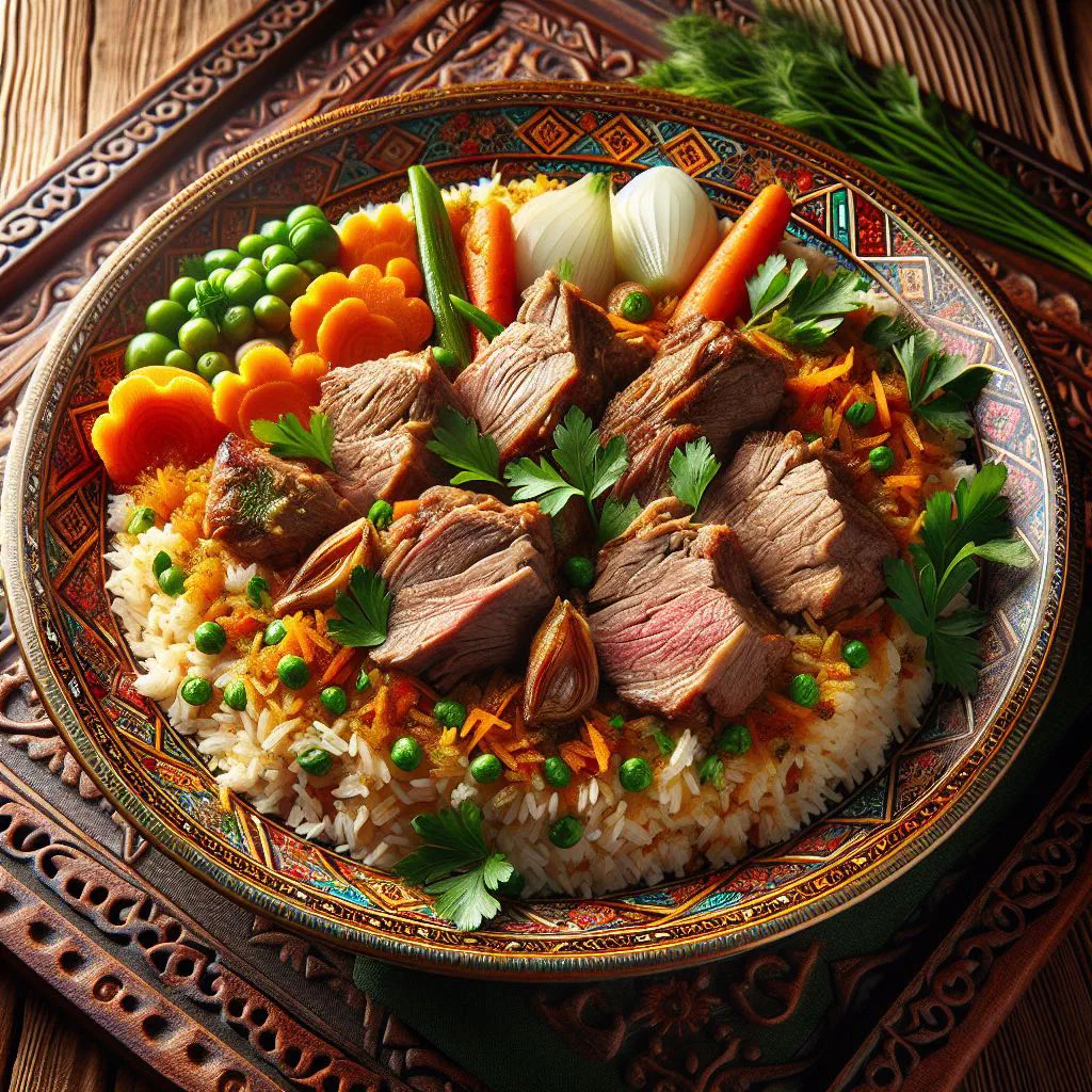 Karakum plov with tender lamb, rice and carrot strips on a platter