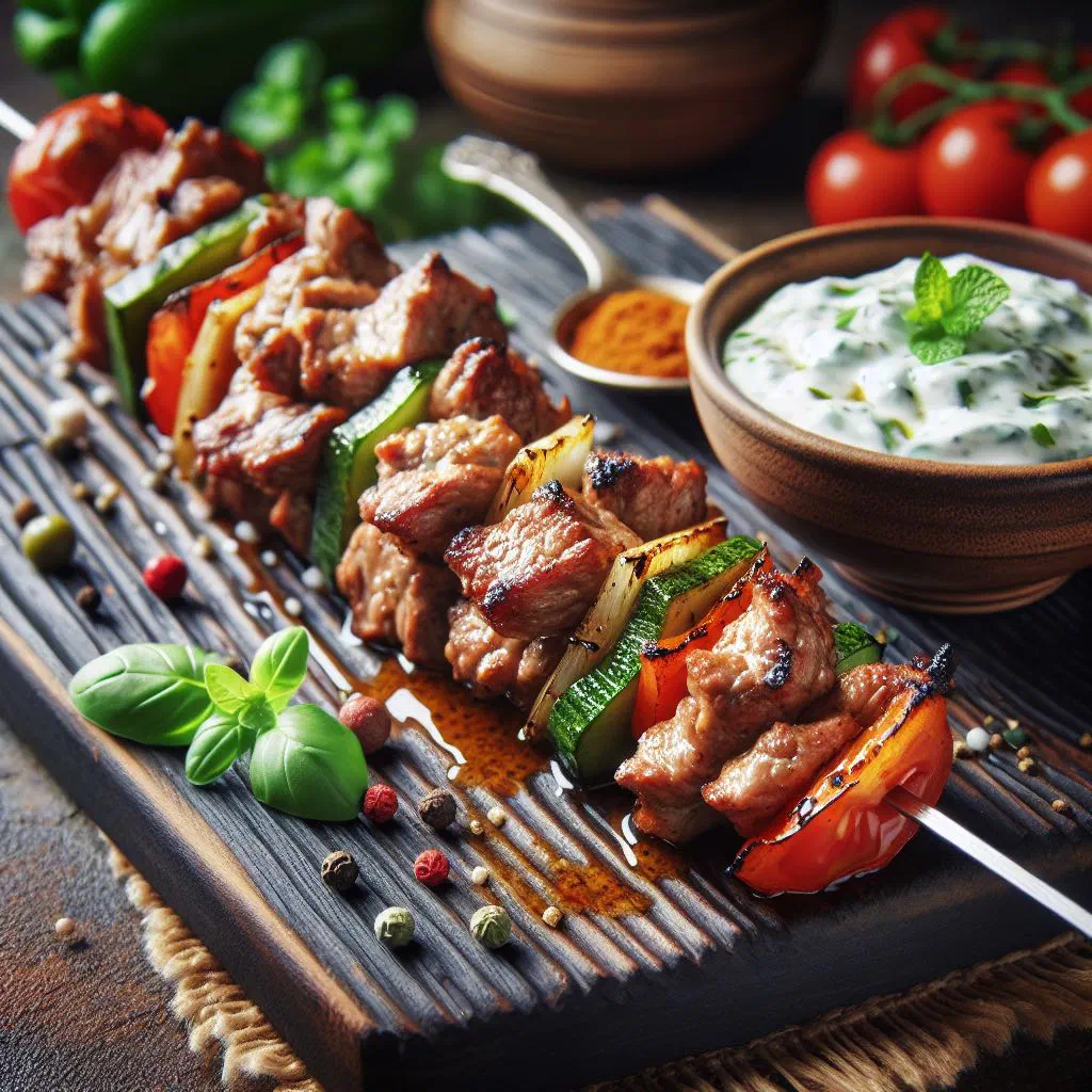 Grilled kebab skewers of marinated meat with fresh herbs