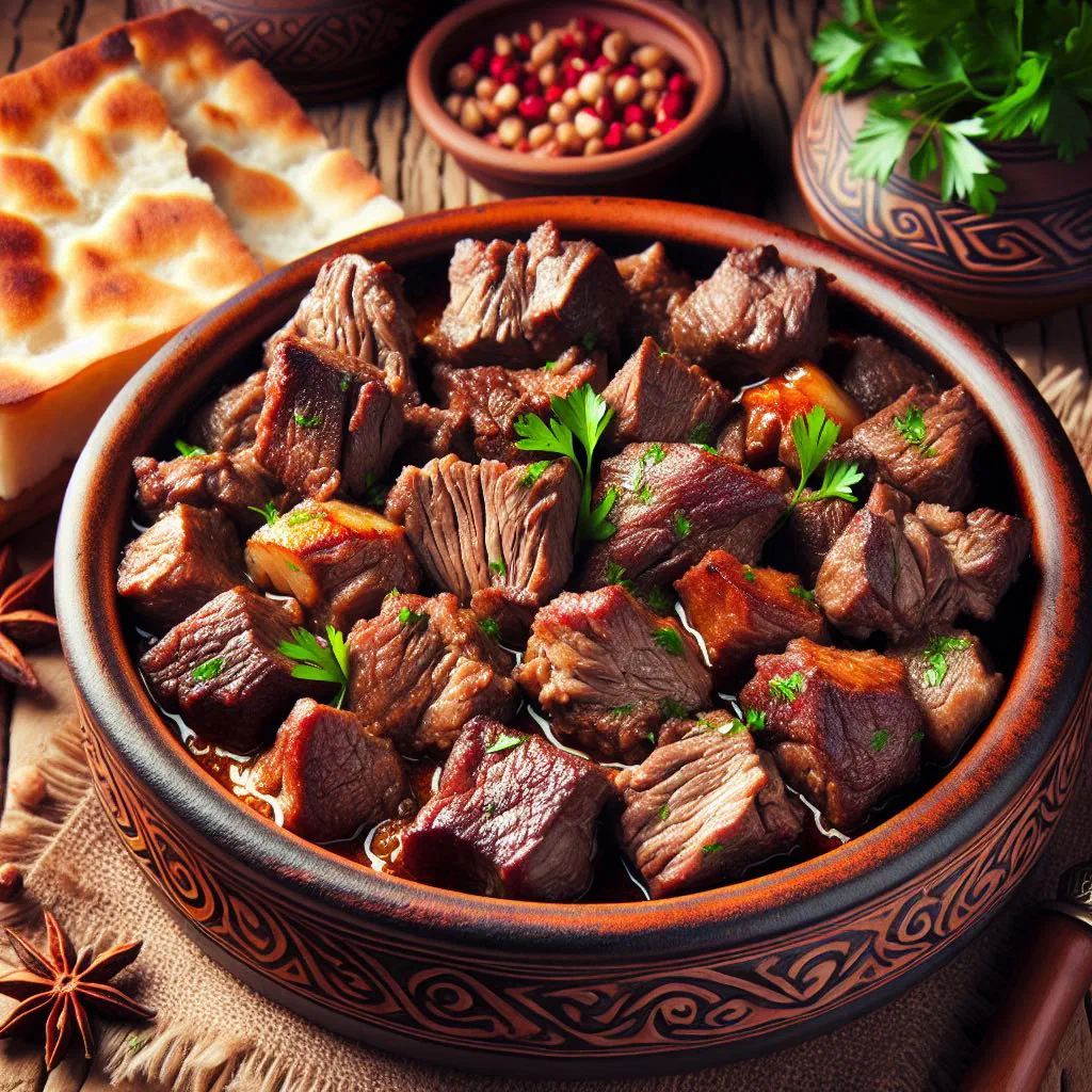 Braised goat meat with onions, peppers and fresh herbs in a bowl