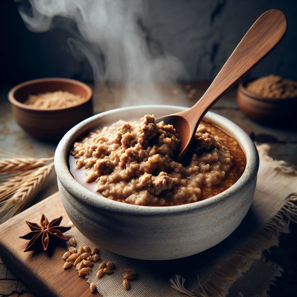 Bowl of creamy keshkek made with wheat and tender meat, garnished with fresh herbs