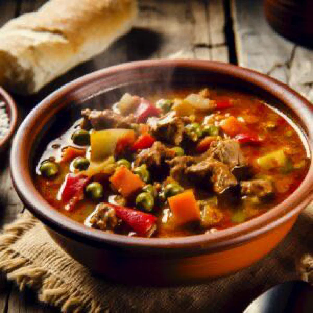 Kynak with tender braised meat and fresh vegetables garnished with herbs