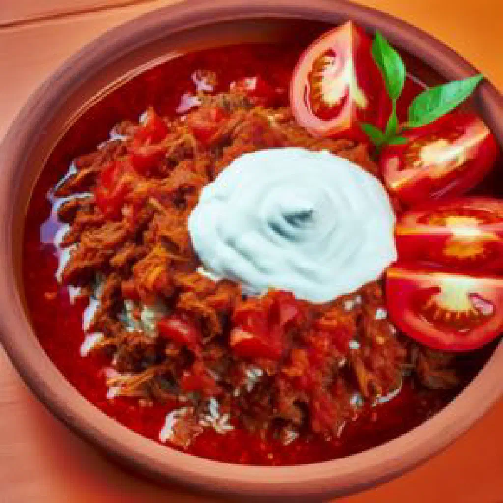 Bowl of Kyzylgul with tender beef, potatoes and carrots in a spiced broth