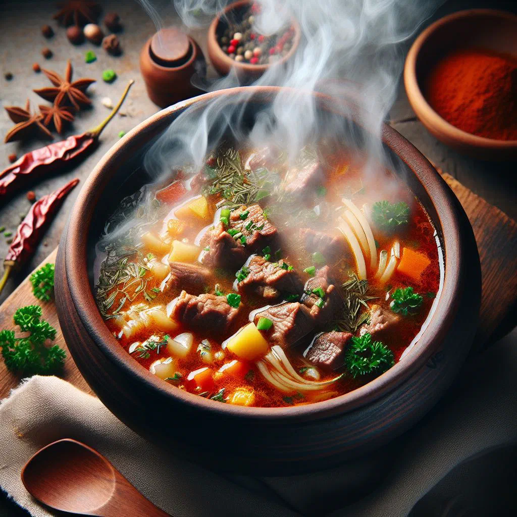 Bowl of Nokatly Gara Çorba, a hearty Turkmen meat and vegetable soup garnished with fresh herbs