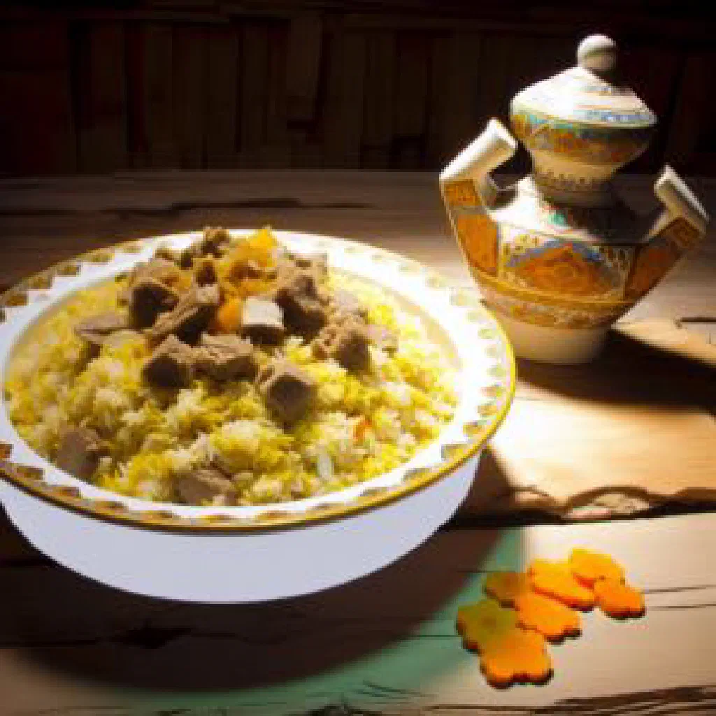 A dish of Turkmen palow with lamb, rice and carrots