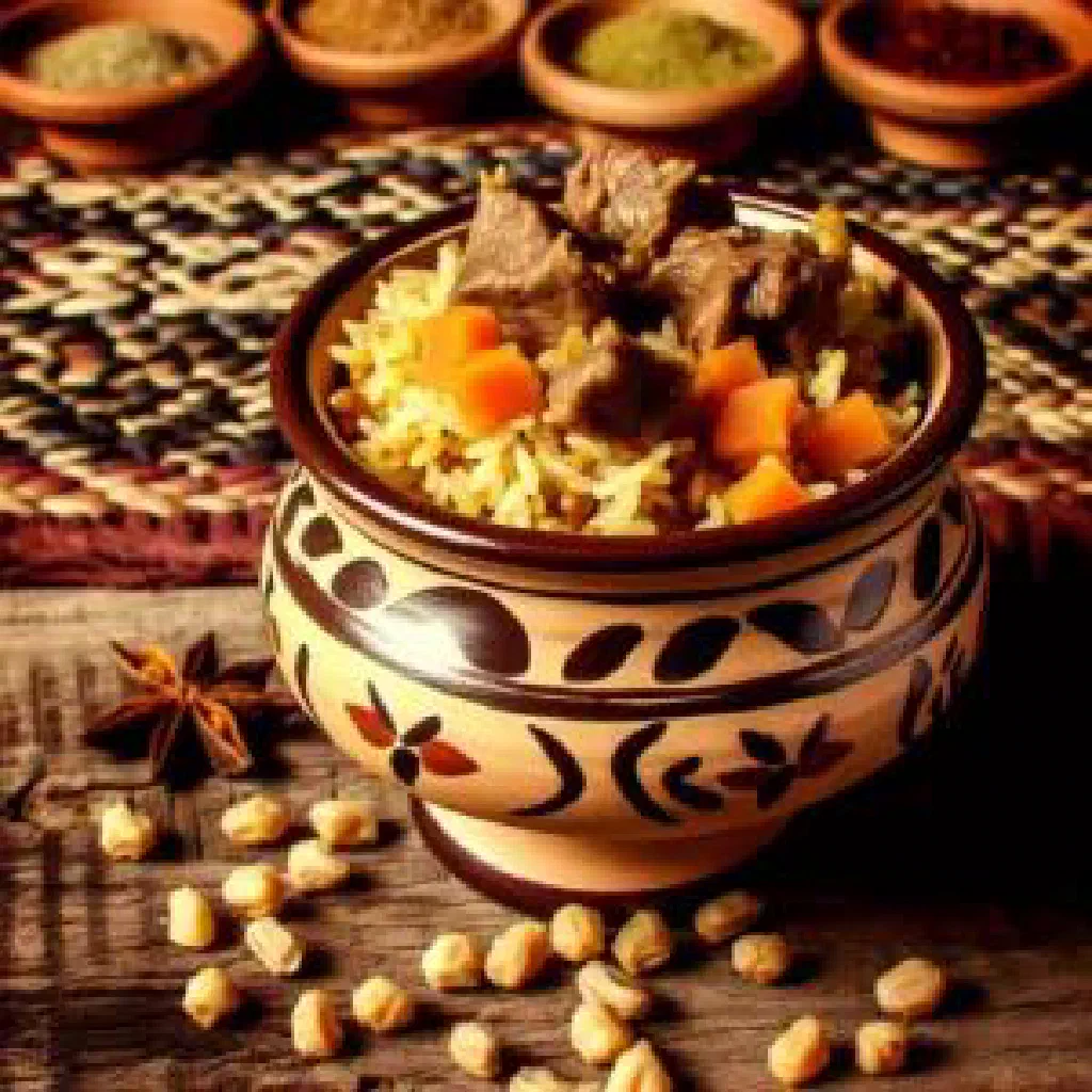 A platter of Turkmen plov with tender lamb, carrots and fluffy rice