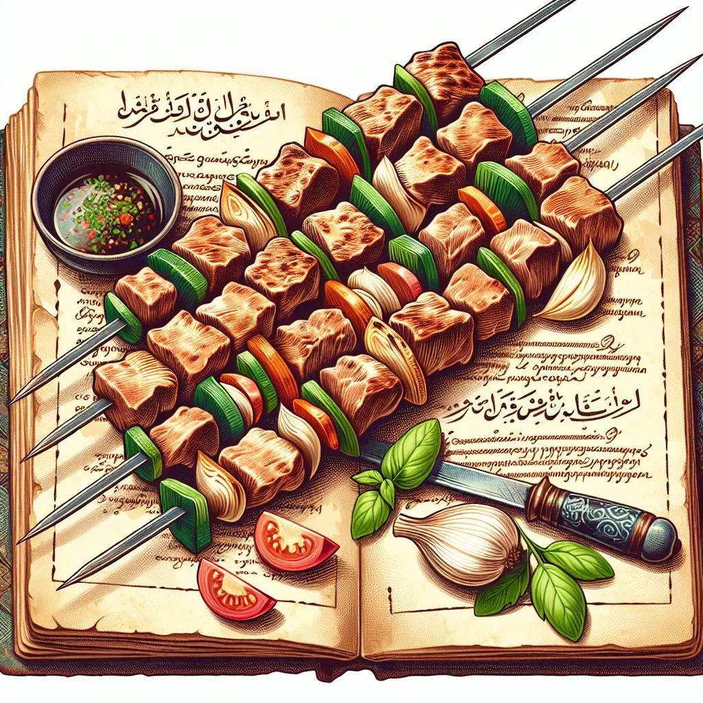 Grilled shashlik skewers with marinated meat and vegetables