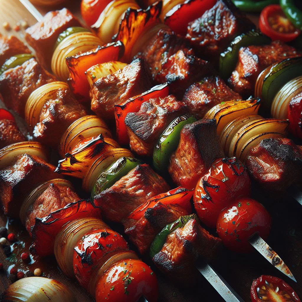 Grilled shashlyk skewers of marinated meat and vegetables