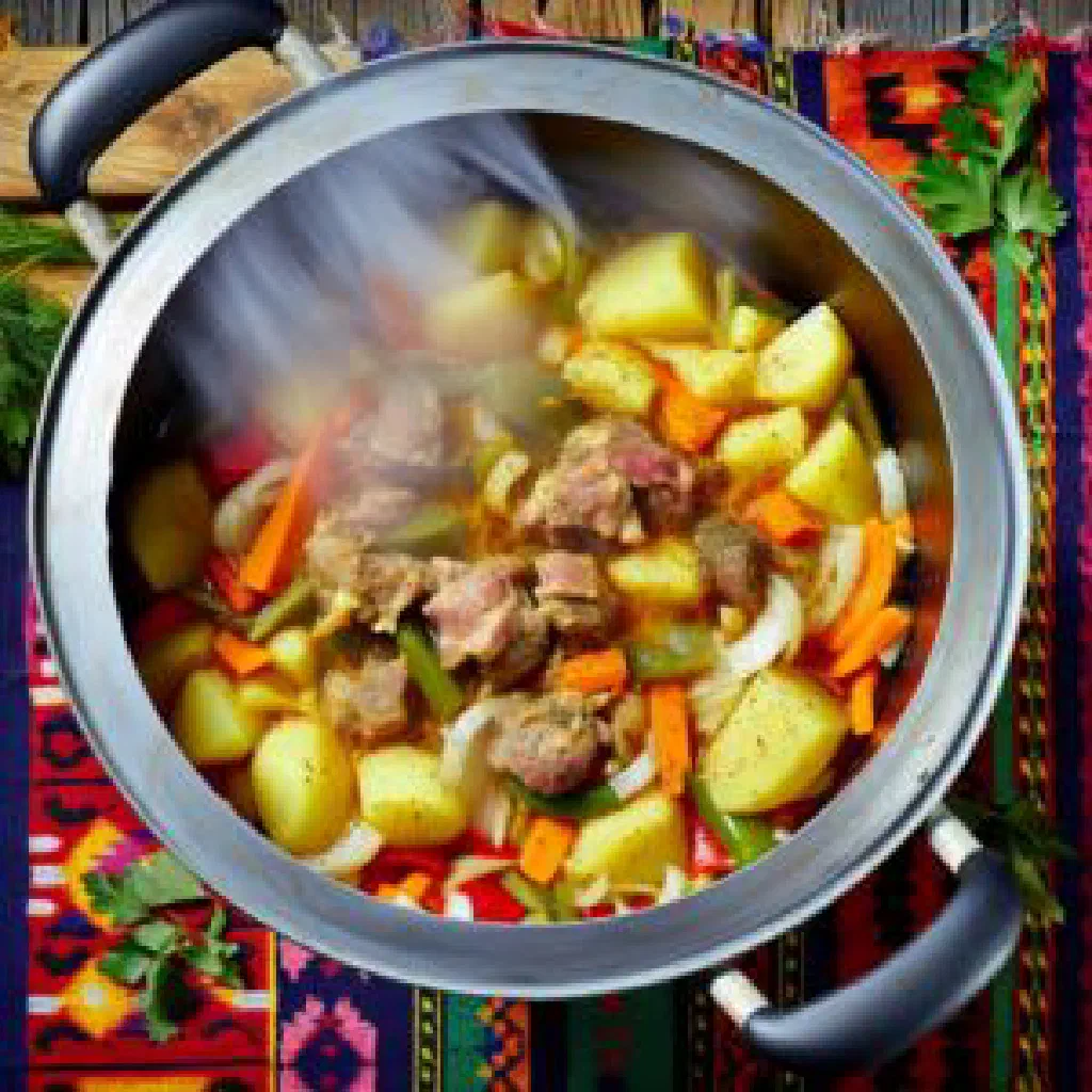 Layered Turkmen tamlama with tender meat, potatoes and vegetables