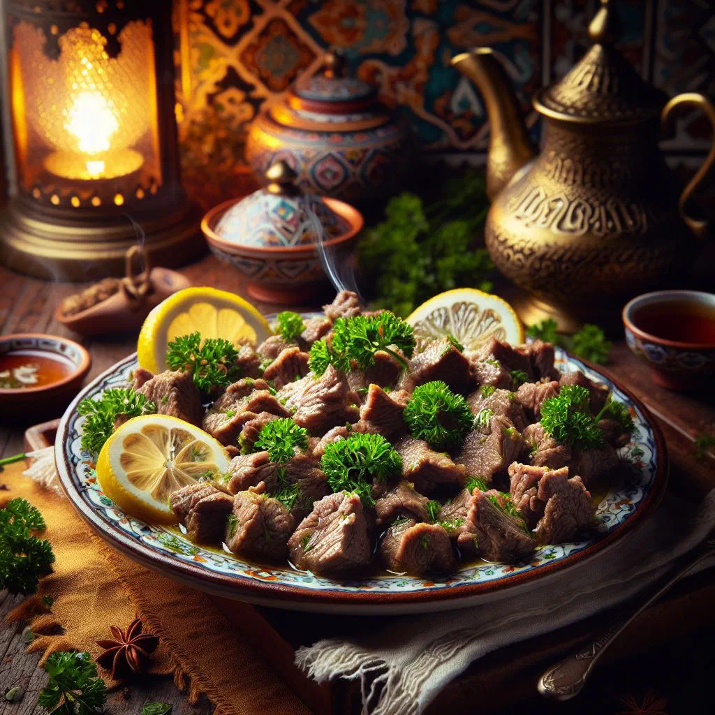 Braised Taze Kavurma with tender meat, peppers and fresh herbs