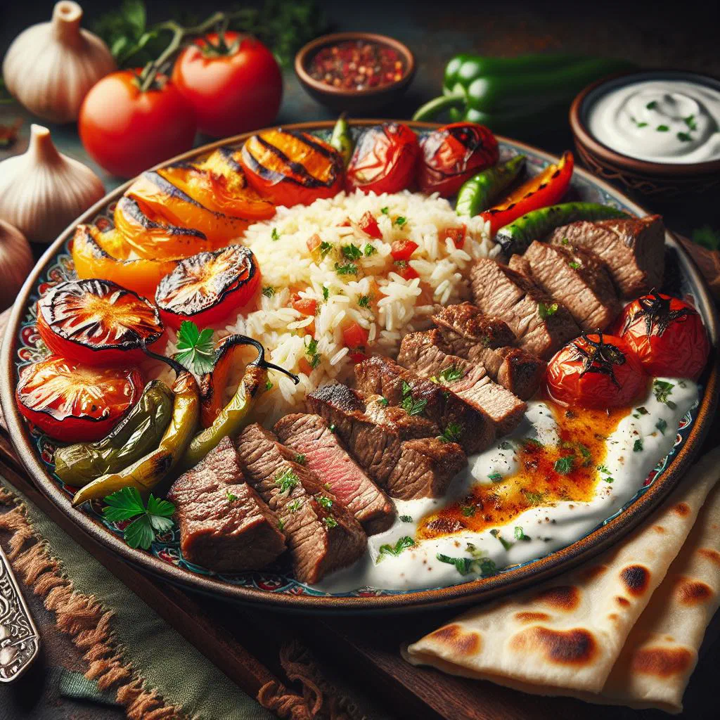 Grilled taze kebab skewers of lamb and vegetables on a wooden board