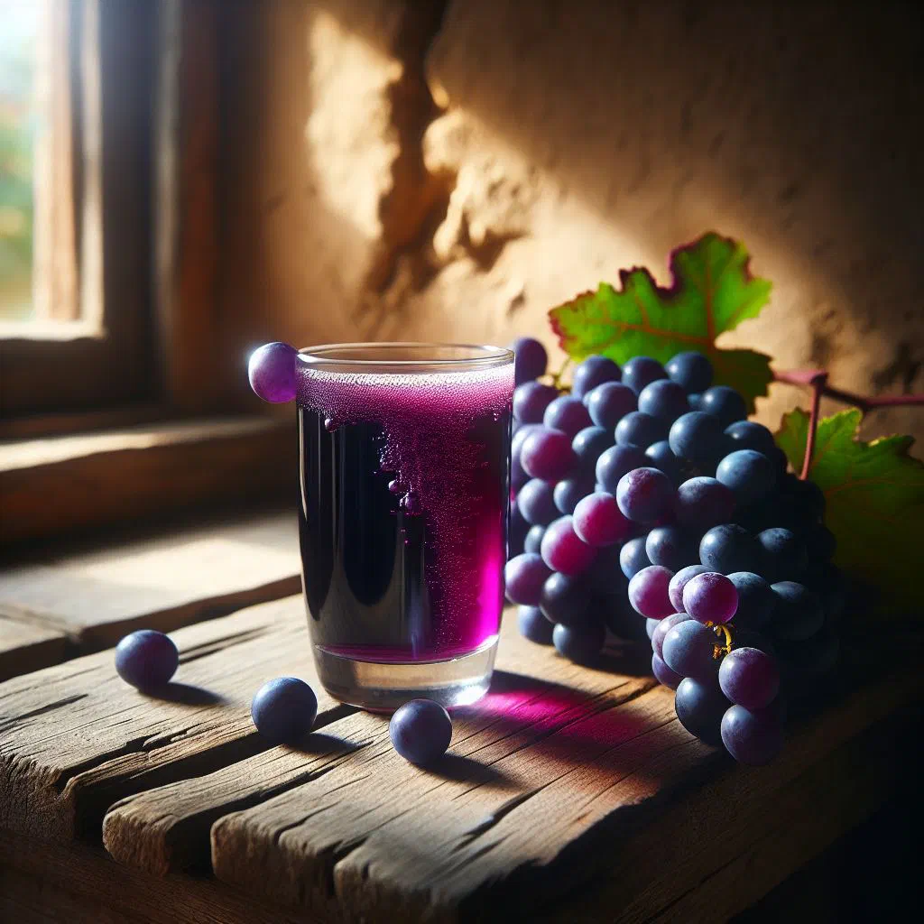 A glass of chilled grape sherbet garnished with fresh mint leaves