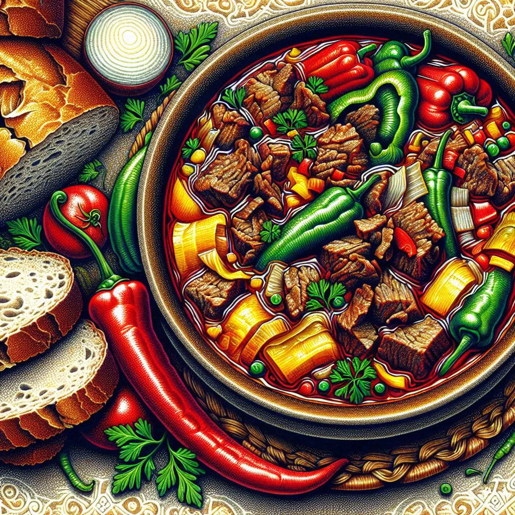 Hearty Turkmen zharkopek stew with tender meat, potatoes and carrots in a bowl