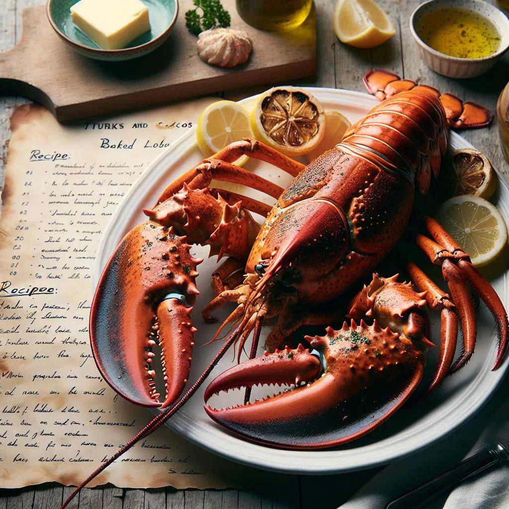 Baked lobster halves glazed with garlic butter and garnished with fresh herbs