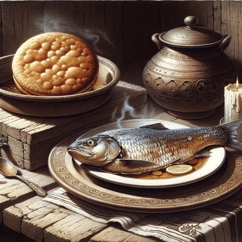 Boiled fish in broth served with golden johnny cakes