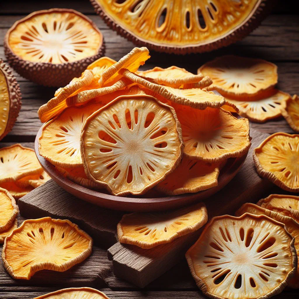 Golden crisp breadfruit chips piled in a bowl with sea salt