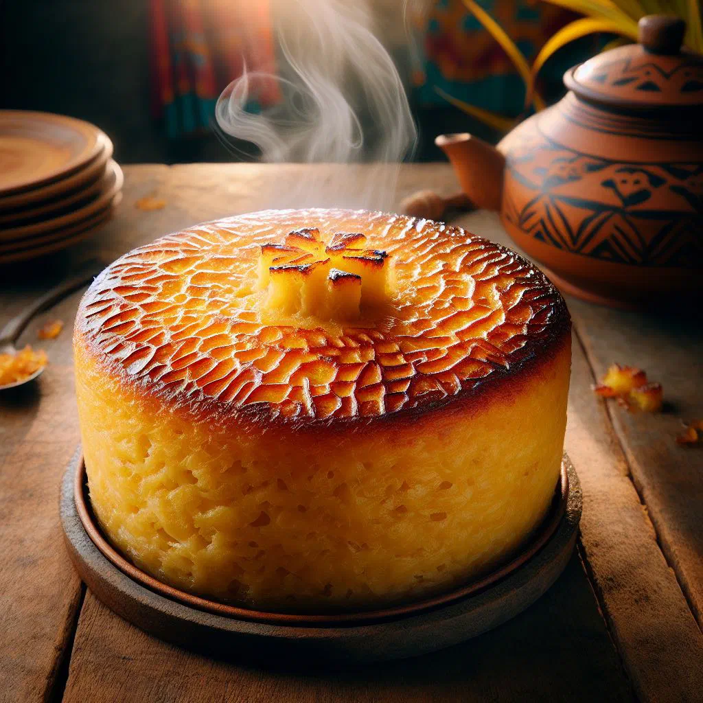 Golden baked cassava pone cut into squares on a plate