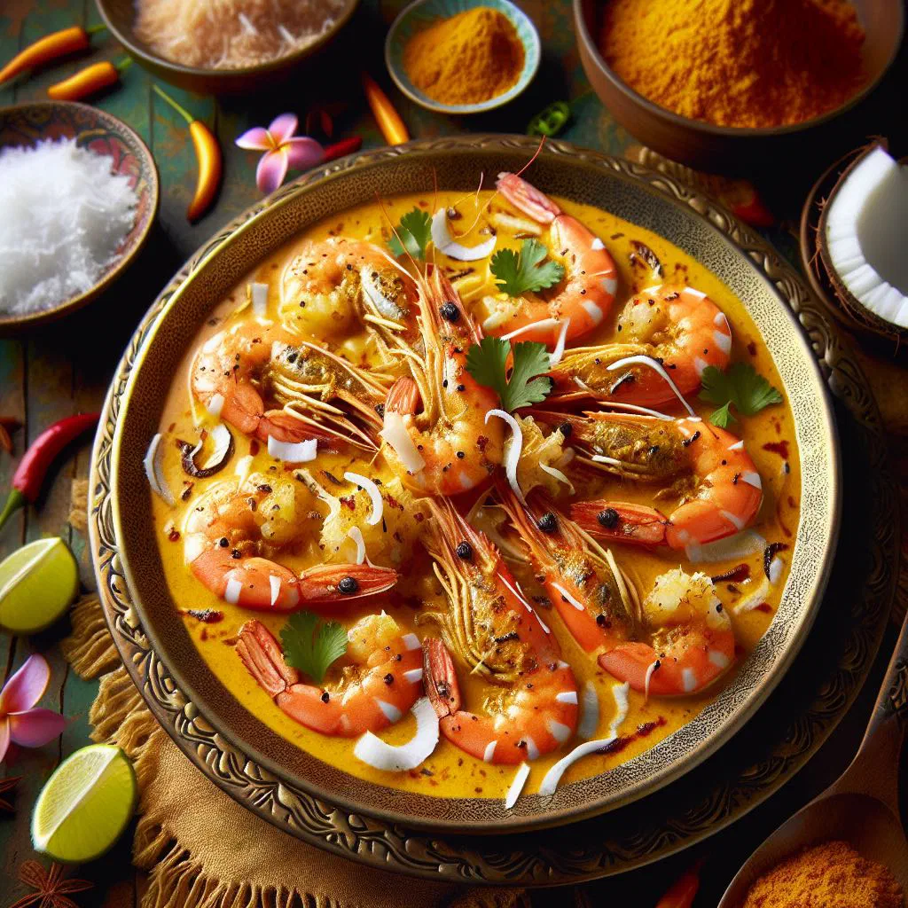 Coconut curry shrimp in a creamy sauce topped with fresh coriander