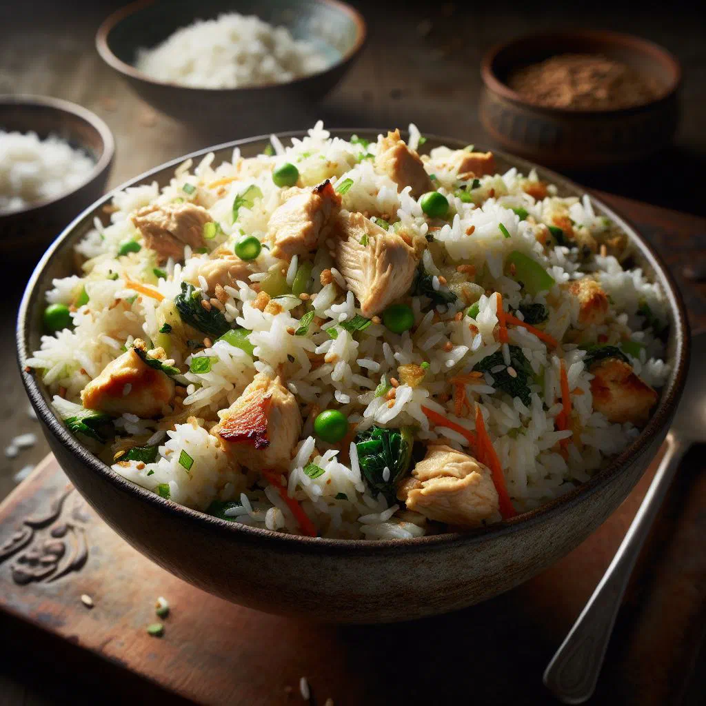 Coconut fried rice with mixed vegetables and spring onions in a bowl