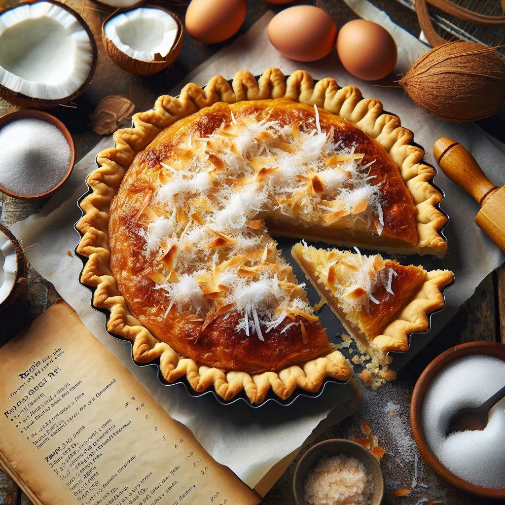 Golden baked coconut tart with a crisp pastry base