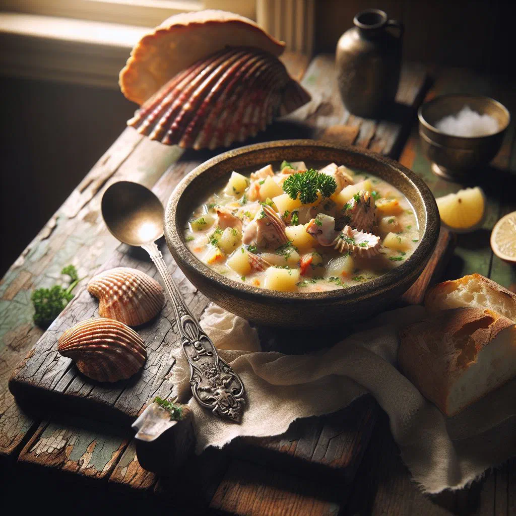 Creamy conch chowder in a bowl garnished with fresh coriander