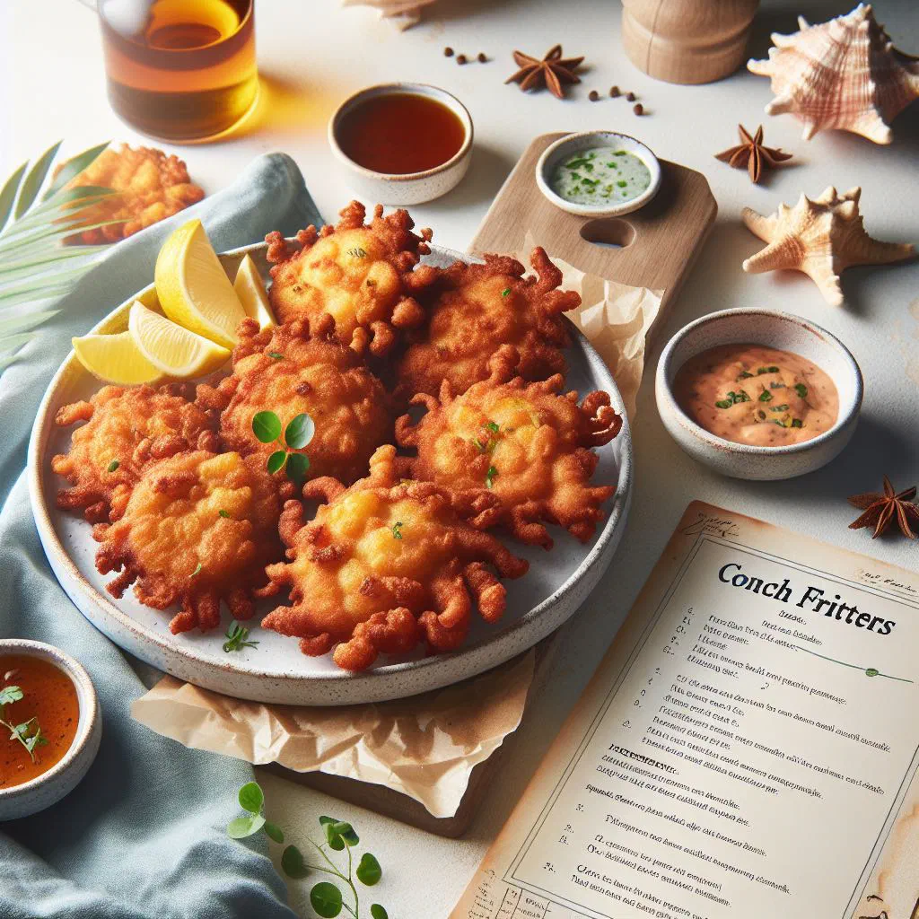 Golden conch fritters piled on a plate with lime wedges and dipping sauce