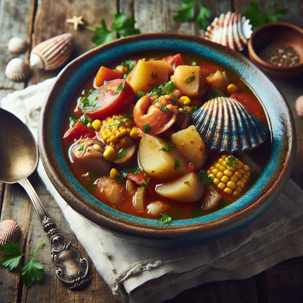 Bowl of Caribbean conch stew with vegetables and fresh parsley