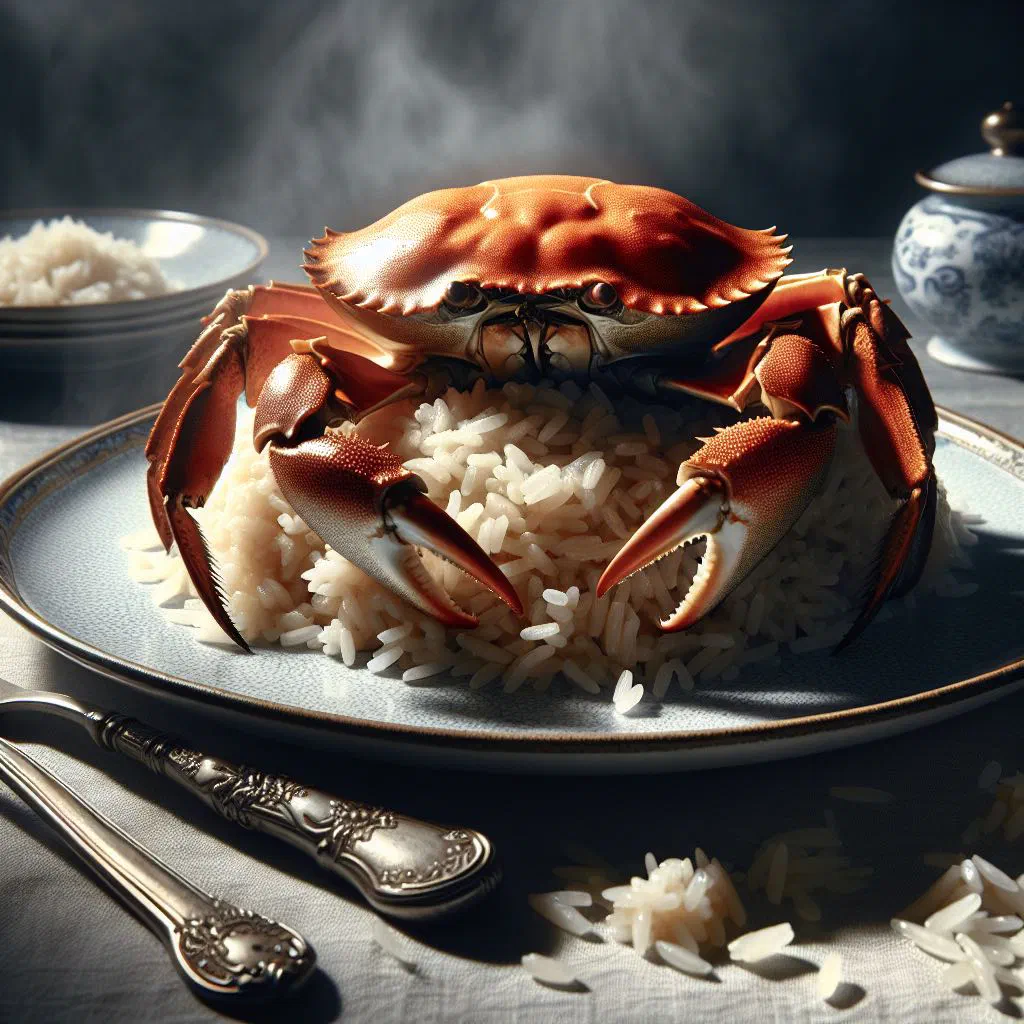 Crab and rice in a bowl with peppers, herbs and lime wedges