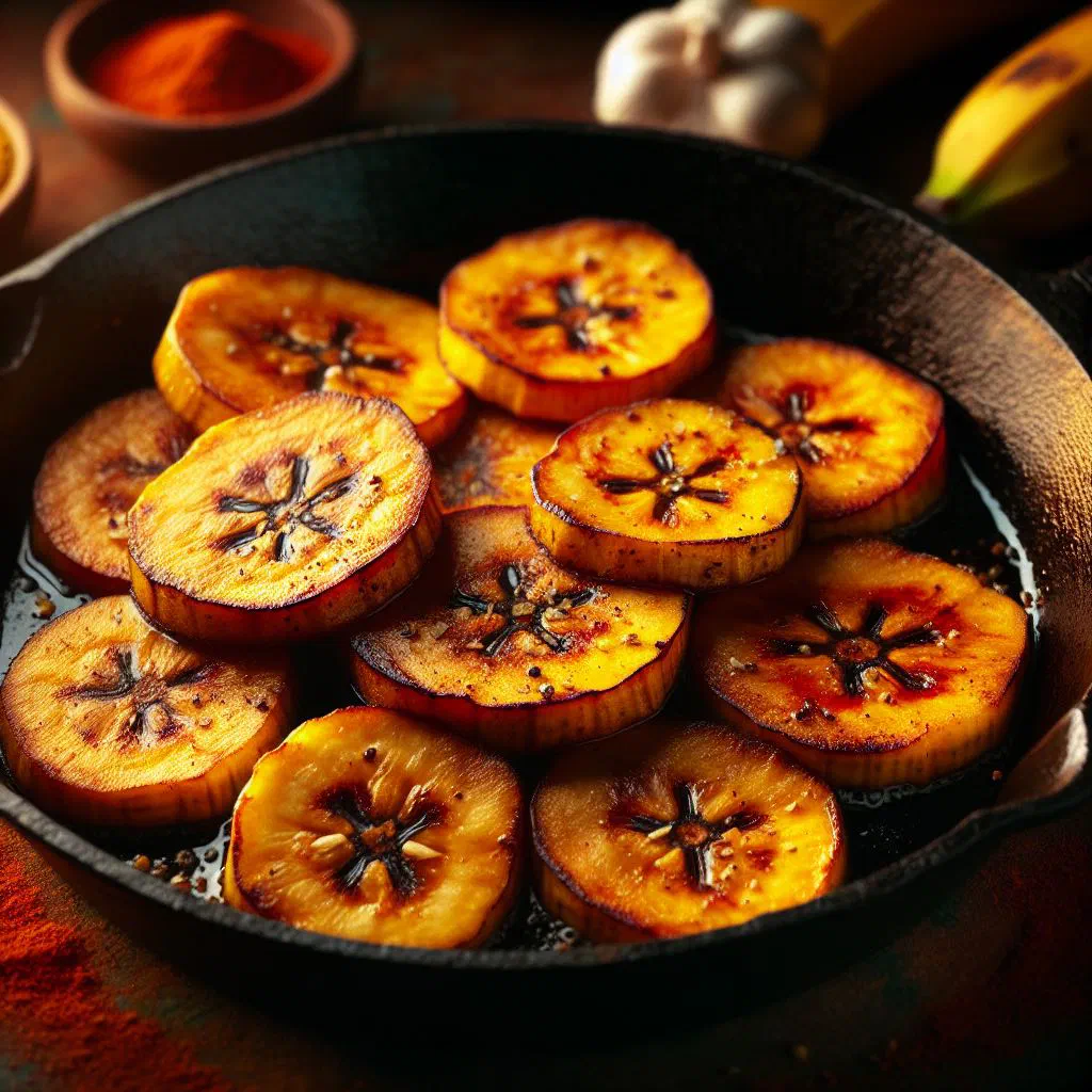 Golden fried plantain slices on a plate with a sprinkle of salt