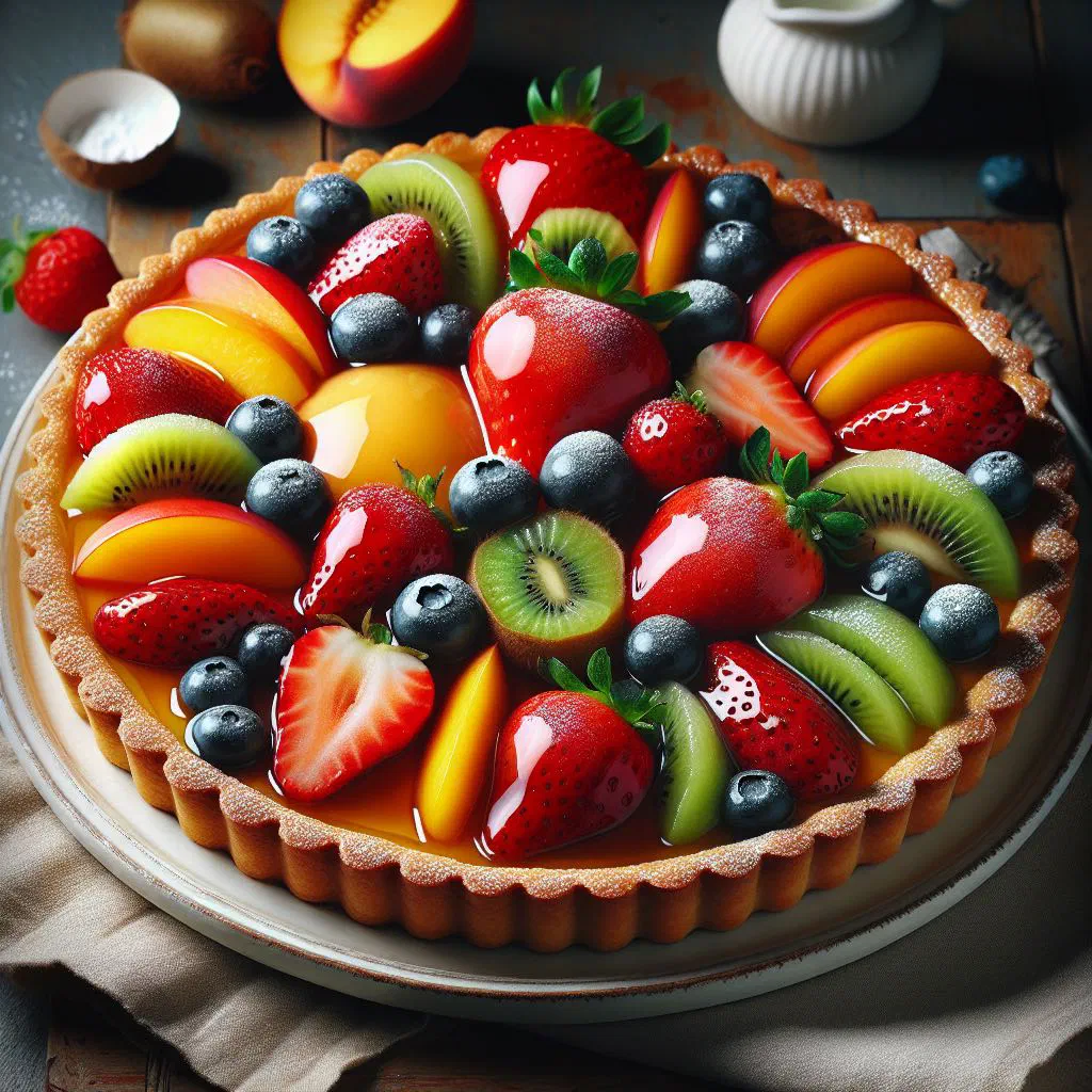 Fruit tart topped with glazed tropical fruit on vanilla cream