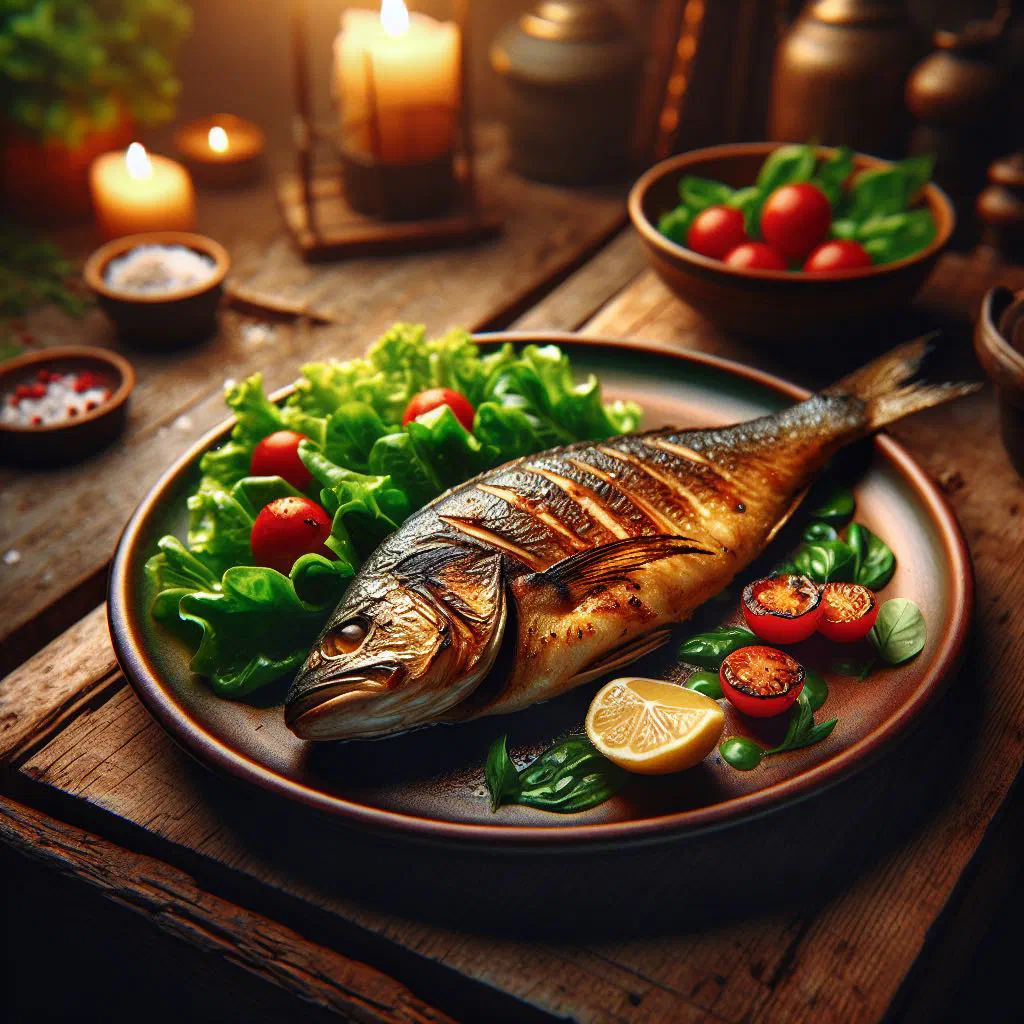 Grilled fish fillet with lime wedges and fresh herbs on a platter