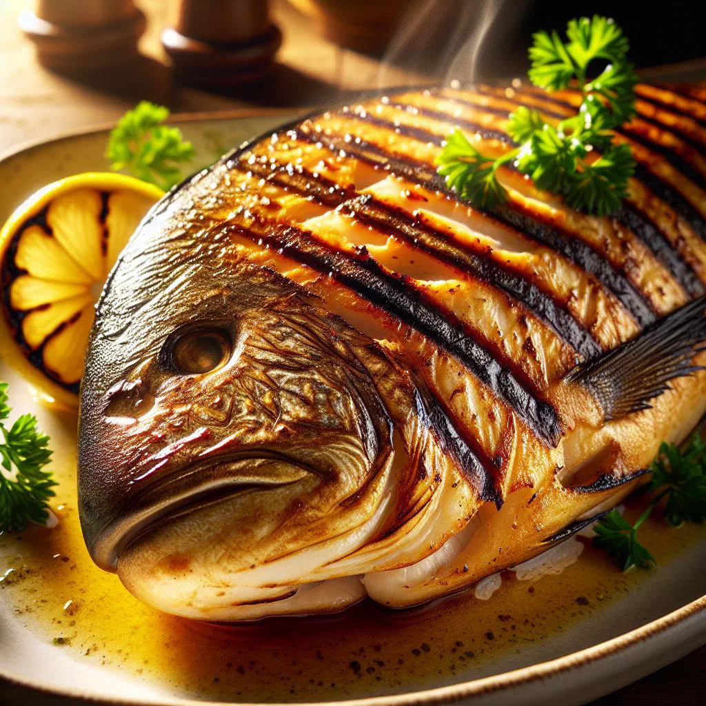 Grilled mahi-mahi fillets with lime wedges and fresh herbs