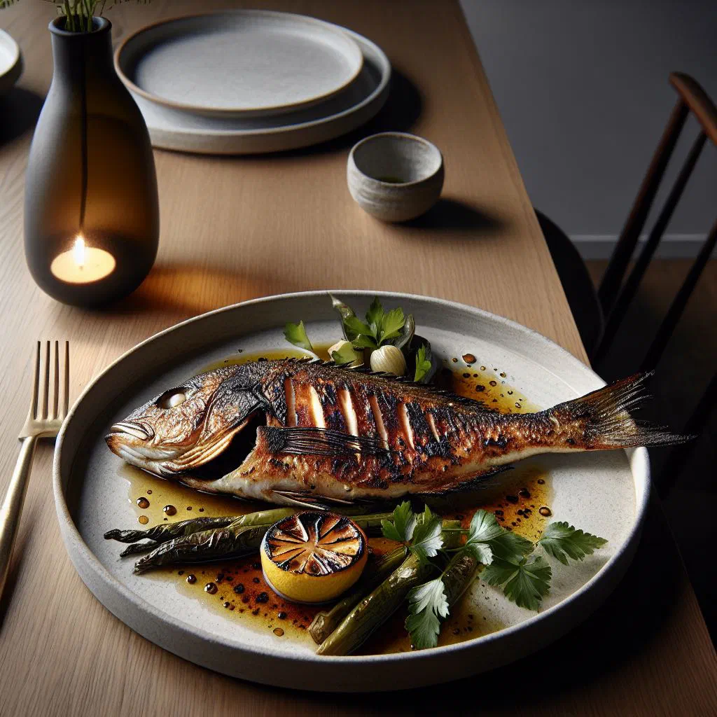 Grilled snapper fillets with lime wedges and fresh herbs