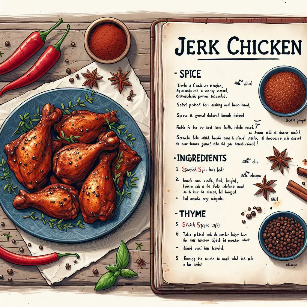 Grilled jerk chicken with lime wedges and fresh herbs