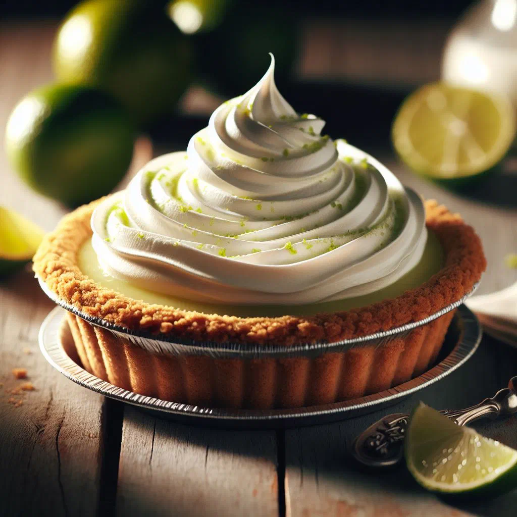 Slice of key lime pie with a biscuit base and lime garnish