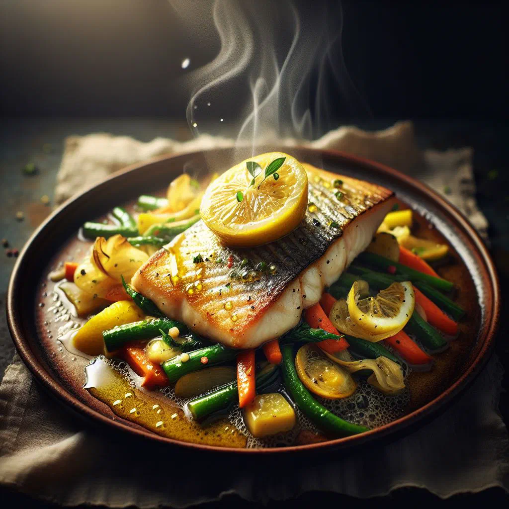 Pan-fried fish fillets in a lemon butter sauce with parsley and lemon slices