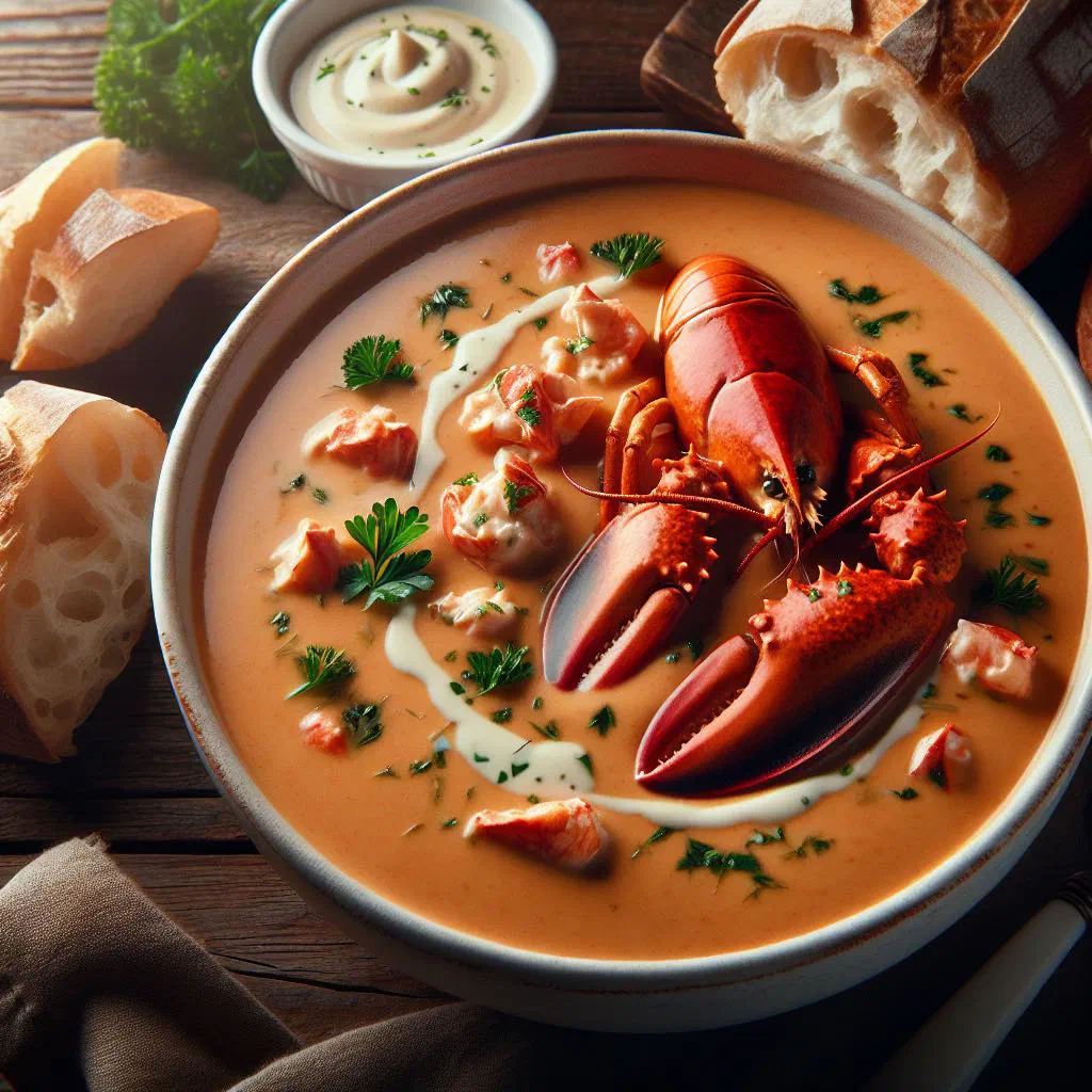 Creamy lobster bisque in a bowl garnished with fresh herbs and chunks of lobster