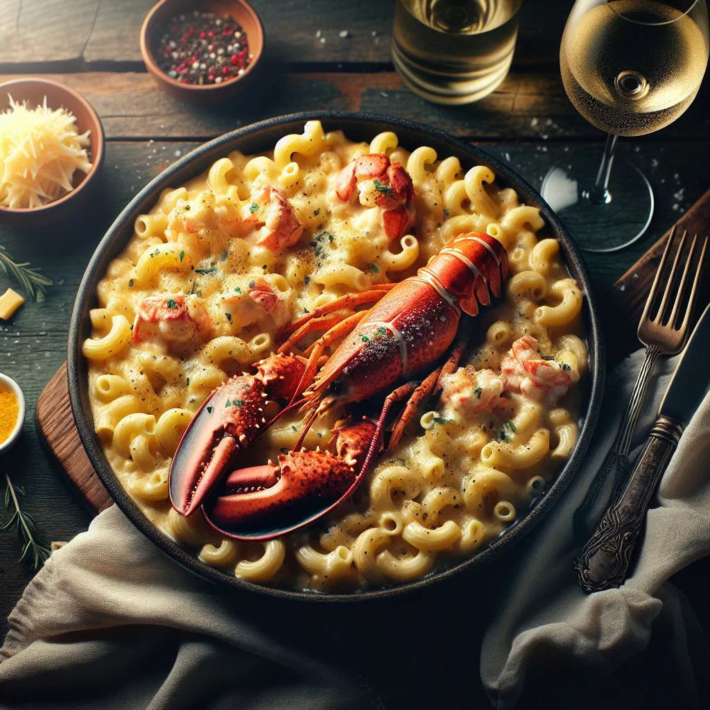 Baked lobster mac and cheese with a golden breadcrumb crust