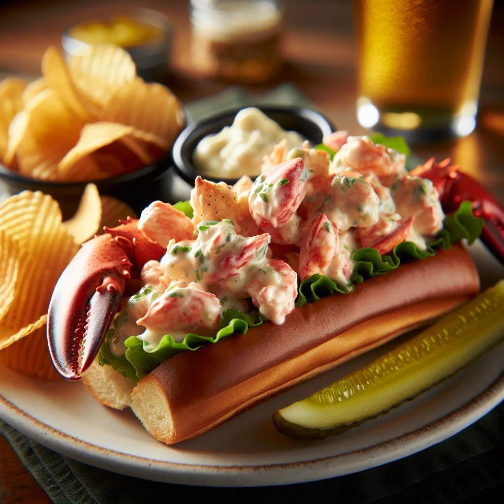 Lobster roll filled with chunks of lobster meat, lettuce and fresh herbs