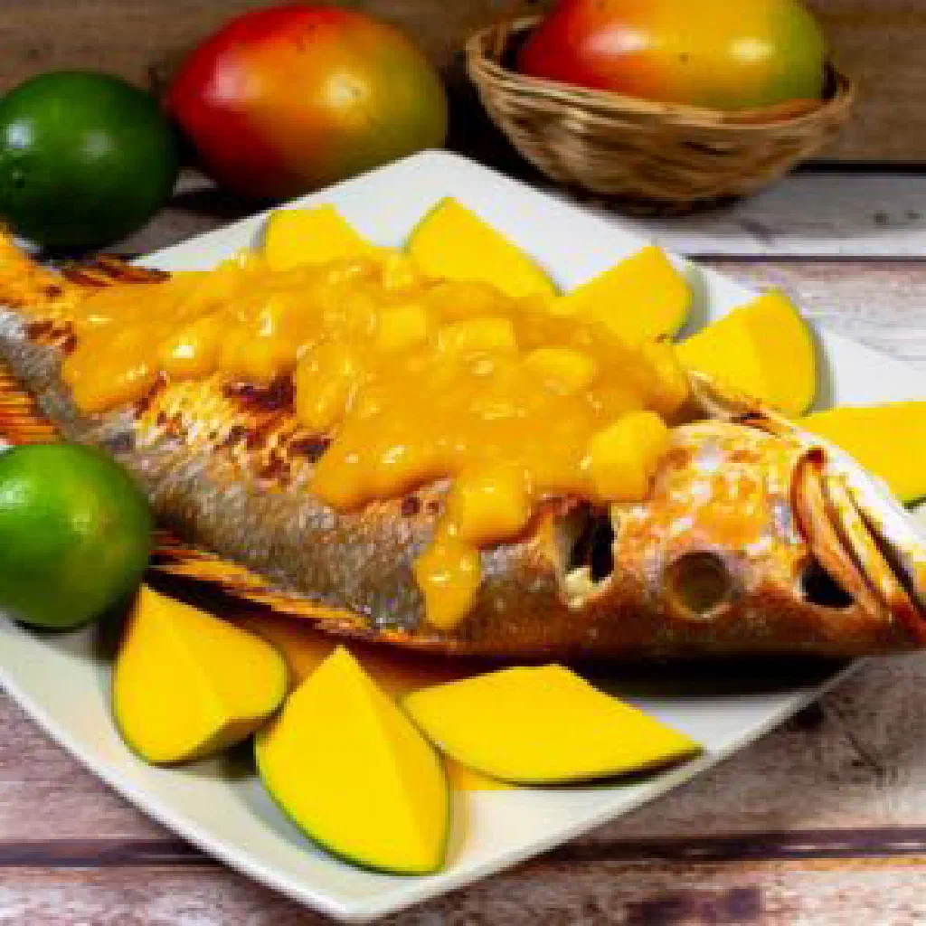 Grilled red snapper fillet with glossy mango glaze and fresh herbs