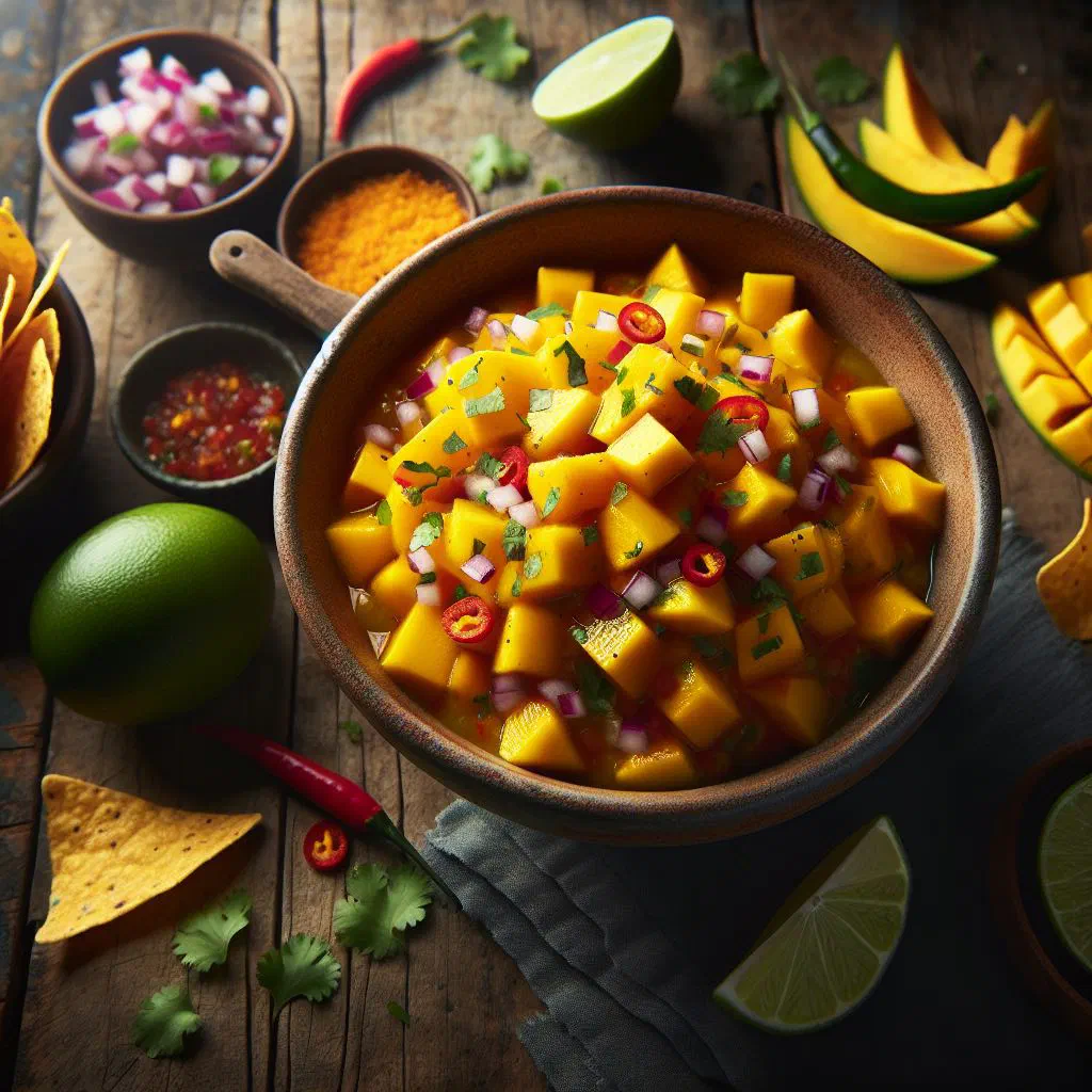 Bowl of fresh mango salsa with diced peppers, red onion and coriander