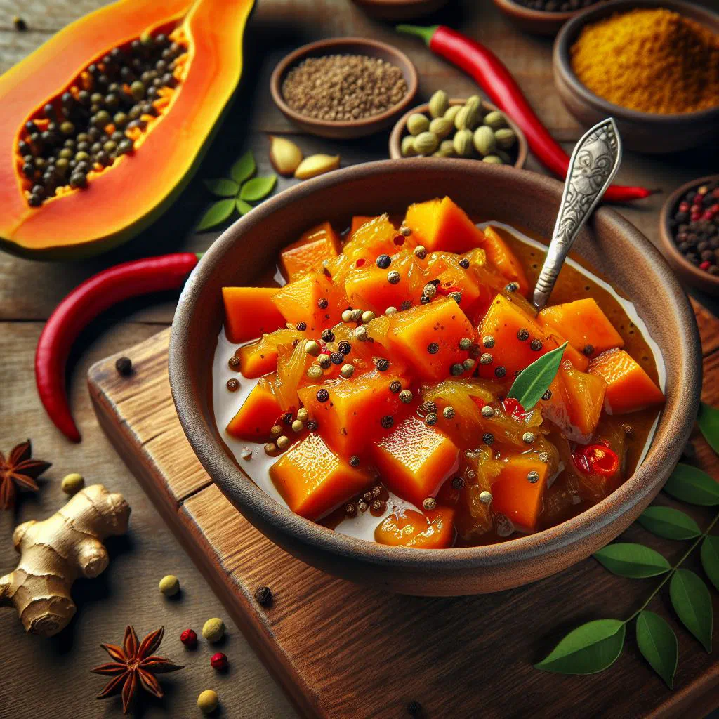 Bowl of golden papaya chutney garnished with fresh coriander