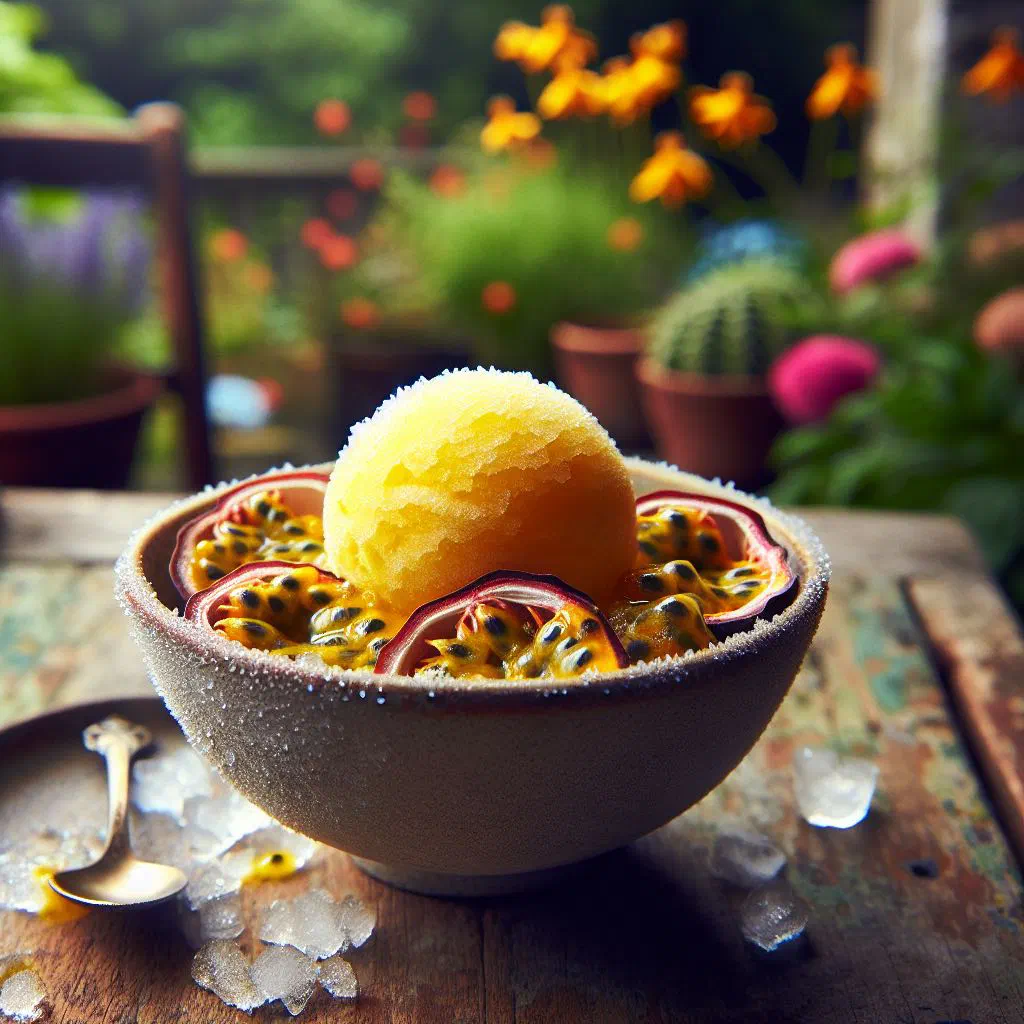 Scoops of golden passionfruit sorbet in a glass bowl with fresh mint