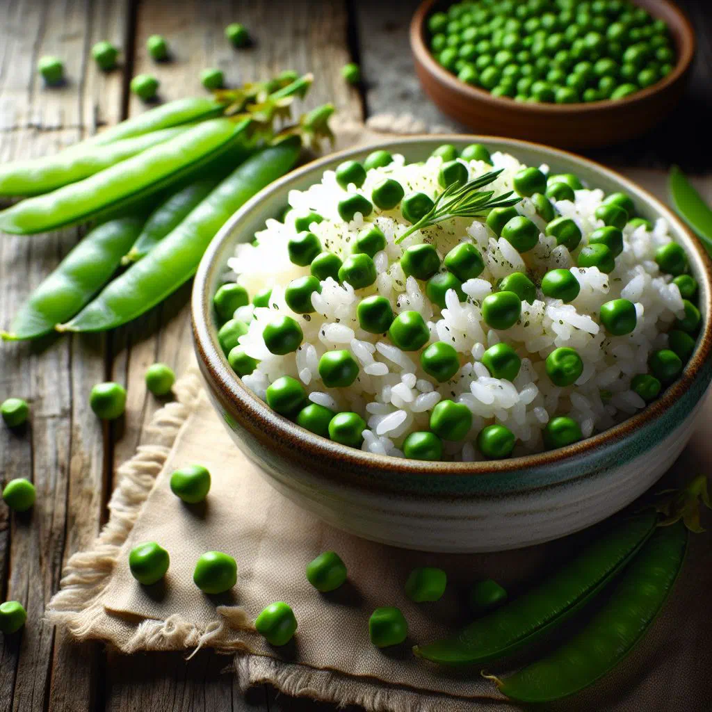 A bowl of peas n' rice with green peas, herbs and fluffy long-grain rice