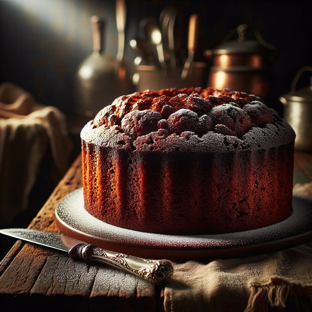 Moist Caribbean rum cake dusted with icing sugar and studded with raisins