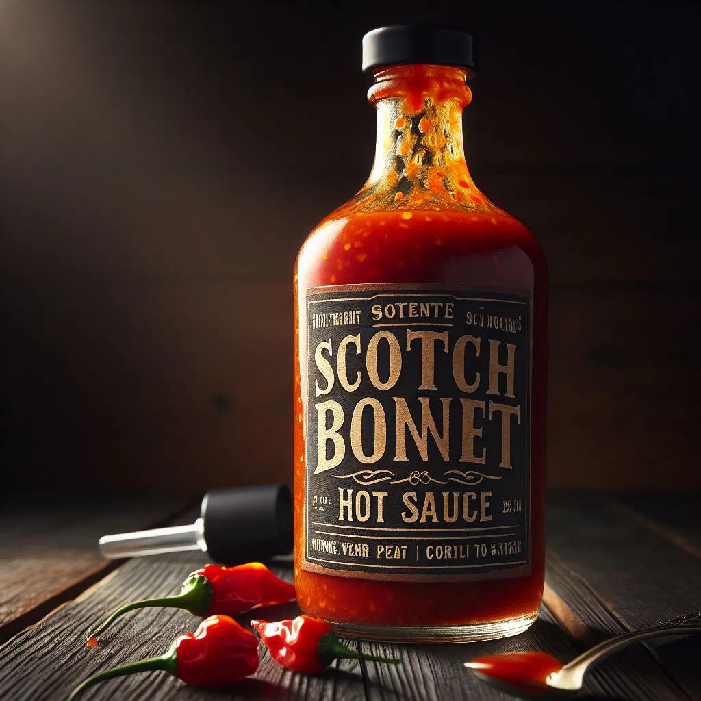 Bottle of bright orange scotch bonnet hot sauce with fresh chillies