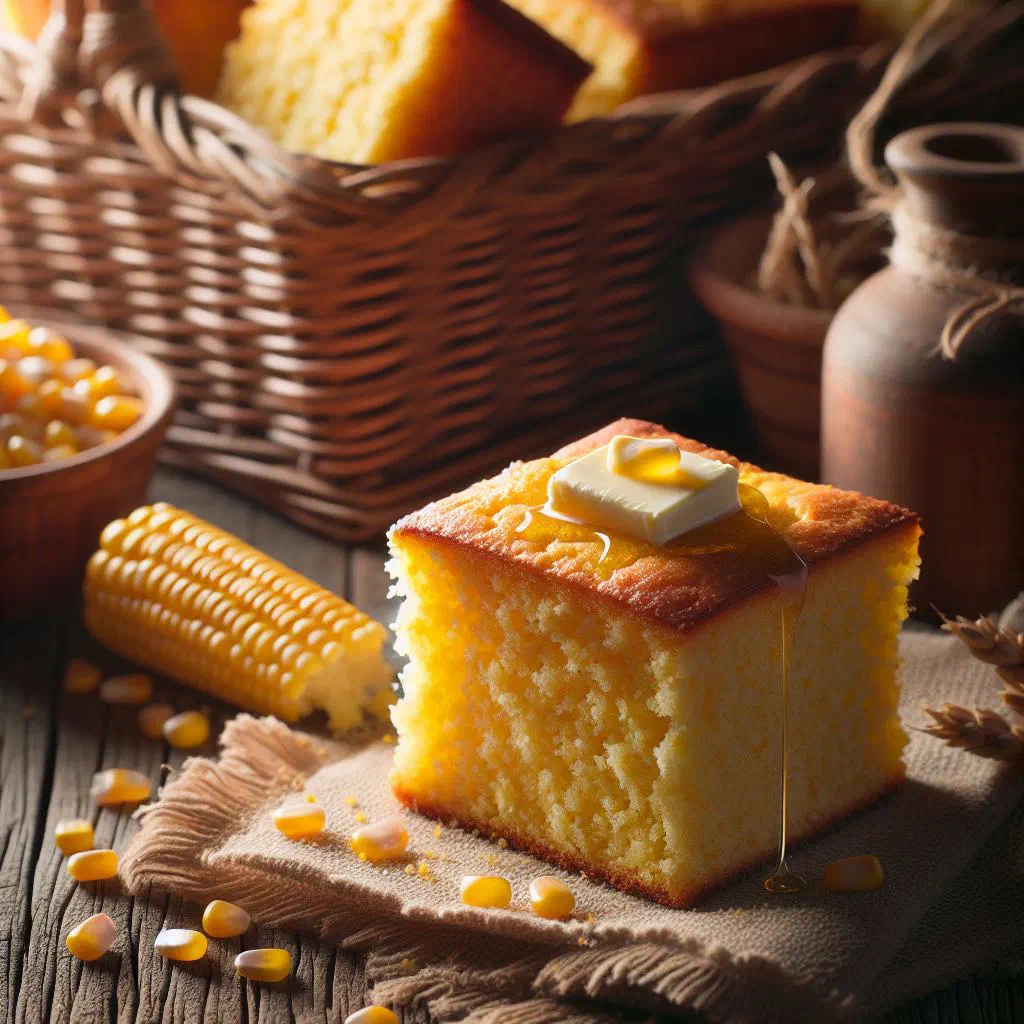 Golden sweet corn bread sliced on a plate with butter