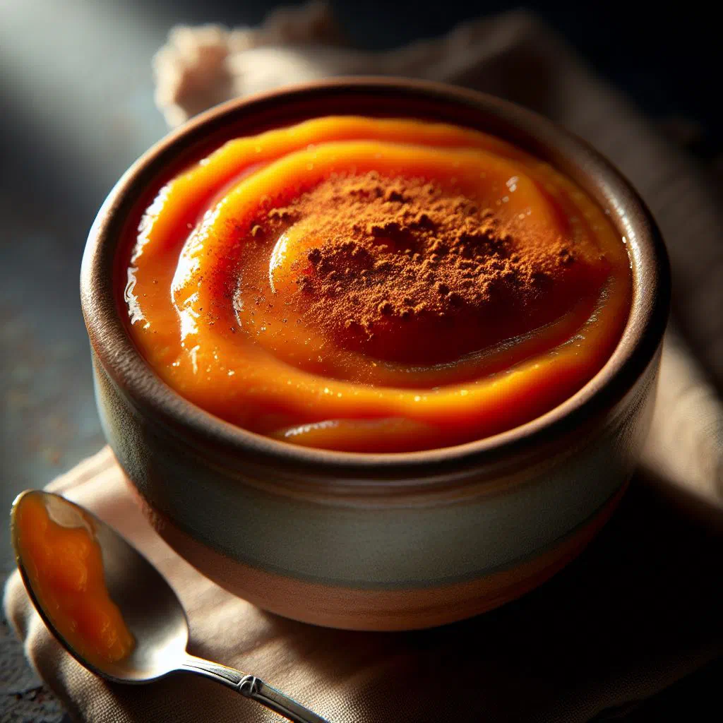 Baked sweet potato pudding with a golden top, sliced on a plate